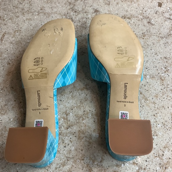 NWOT Larroude Aqua Argyle Brigitte Mules Patent Leather Slide Heels Size 8 - Picture 10 of 10